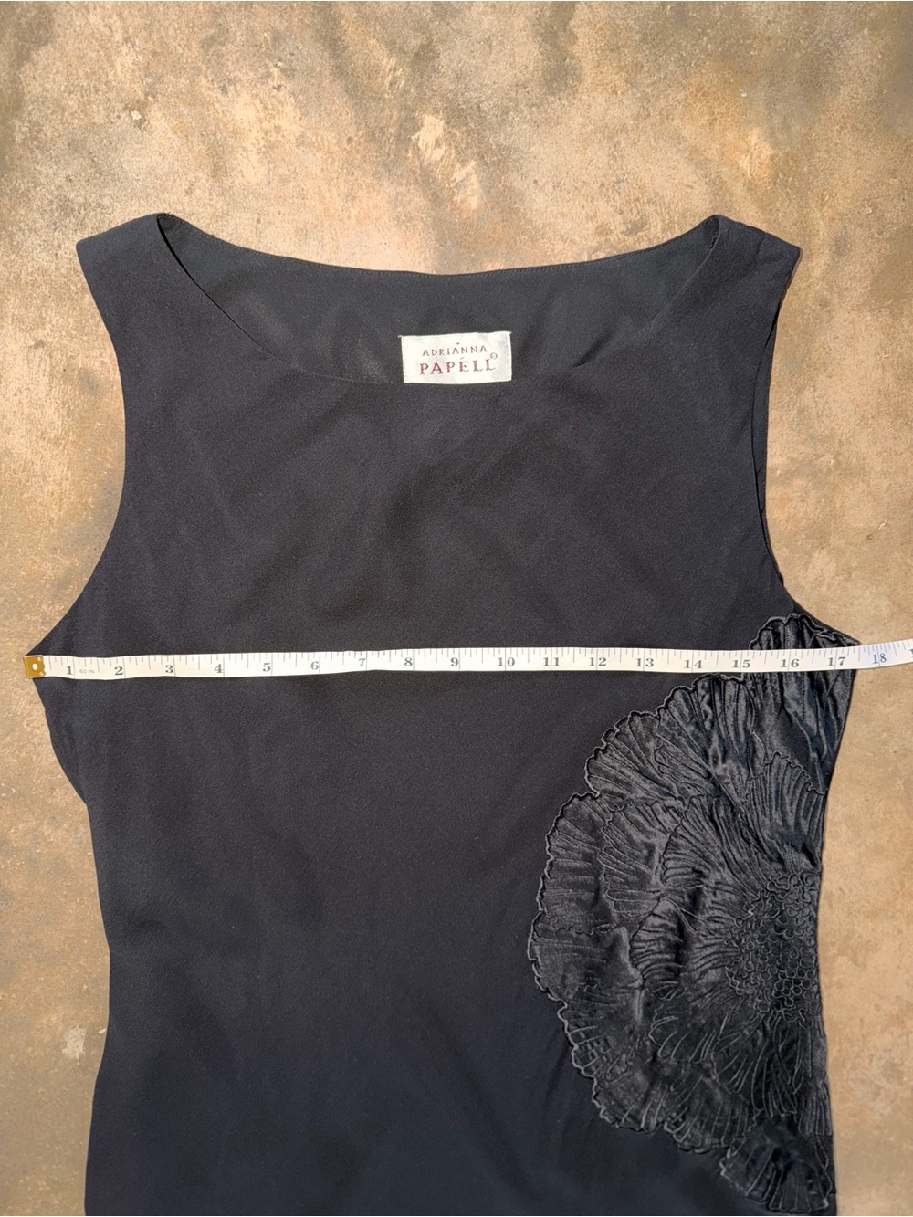 Adrianna Papell 100% Silk Black Midi Dress Floral Appliqué Size 10 - Picture 5 of 6